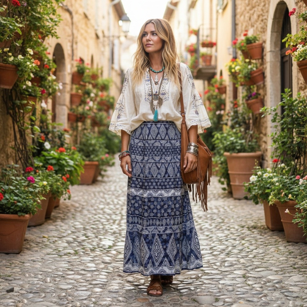 Maggie‎ Lawrence Boho Wrap Long  Skirt Womens M Blue Patchwork Button Closure